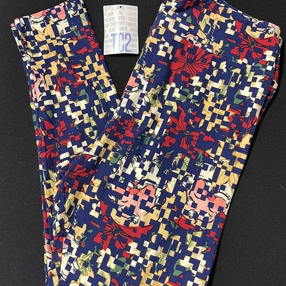 LuLaRoe New TC2 Digital Santa Claus Poinsettia Christmas Leggings NWT - Picture 7 of 8